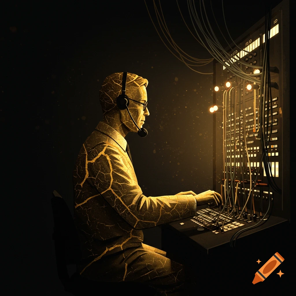 A man with kintsugi skin and suit working at a switchboard.