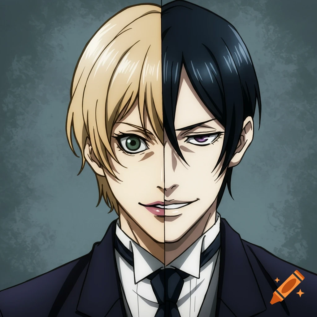 Anime style split portrait of a character, one side with blonde hair and a green eye, the other with black hair and a purple eye, wearing a suit.