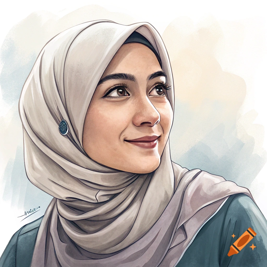 Digital illustration of a young woman in a hijab looking up, smiling.