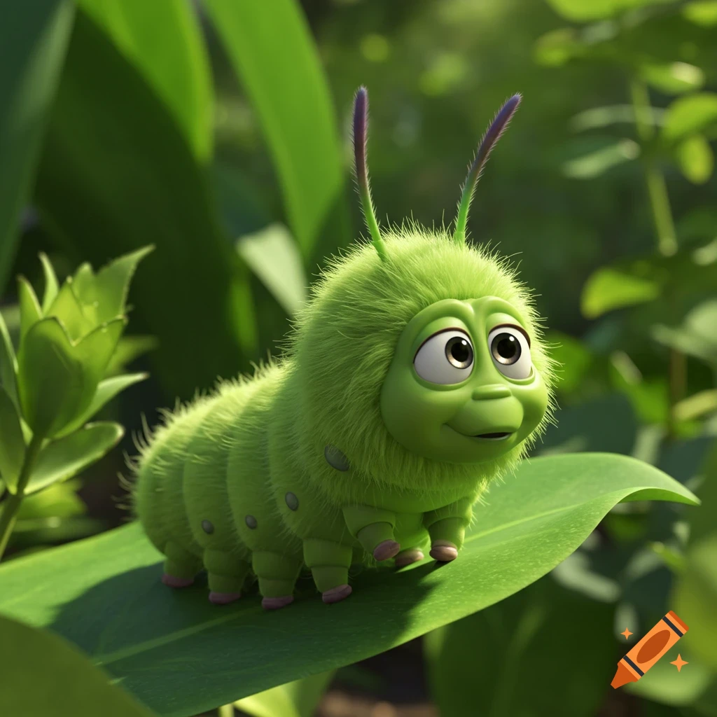 A fluffy green cartoon caterpillar sits on a large green leaf.