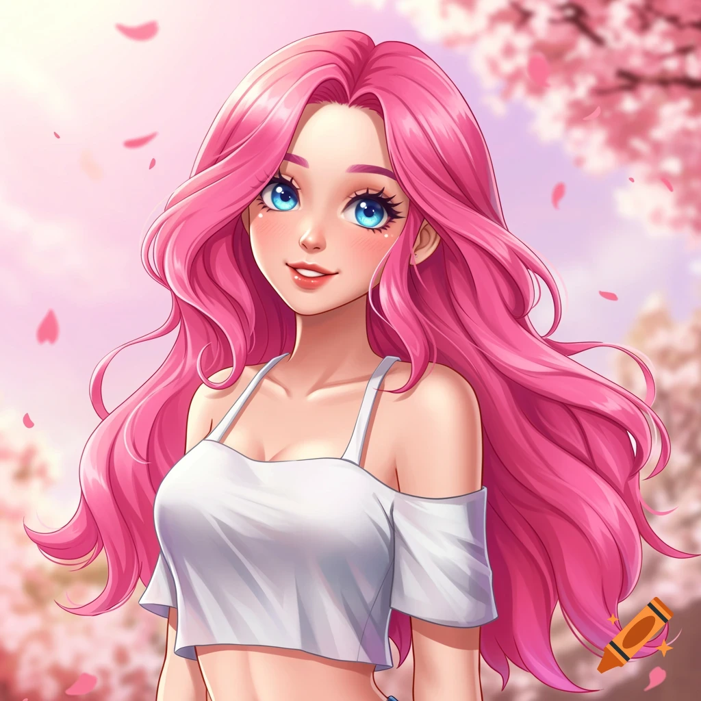 Anime portrait of a girl with pink hair and blue eyes against cherry blossoms