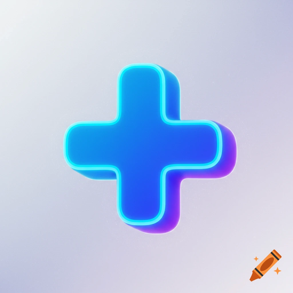 A 3D blue plus sign with glowing edges on a light background
