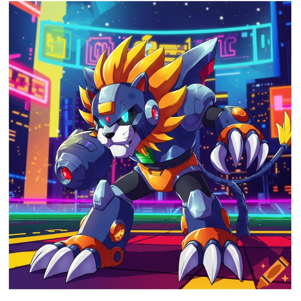 Robot lion character in a neon cyberpunk city, anime style.