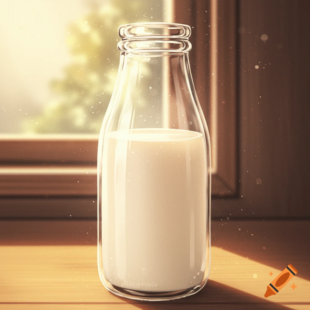 A glass bottle filled with milk sits on a wooden table, bathed in sunlight from a window, in a semi-realistic anime style.