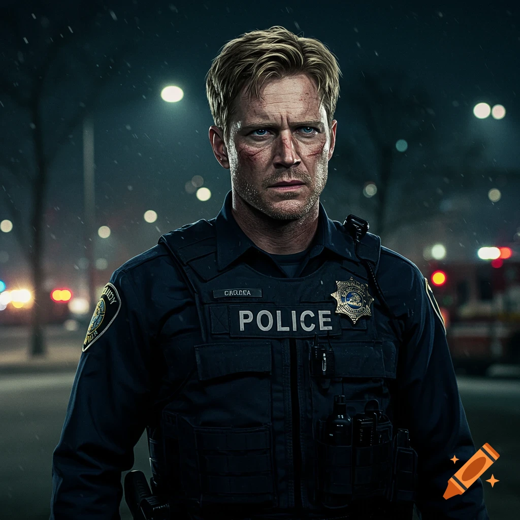 Digital portrait of a grizzled police officer with scratches on his face, wearing a tactical vest, at night.