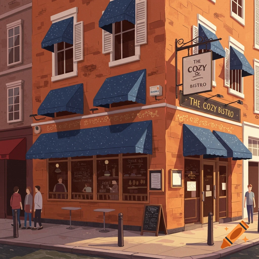 A restaurant storefront with blue awnings on a street corner.