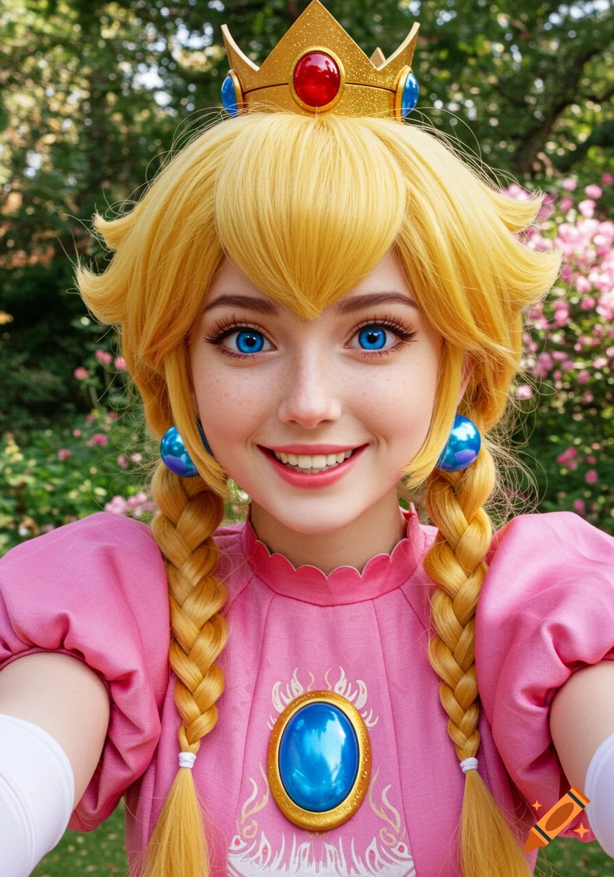 A close-up selfie of a woman dressed as Princess Peach smiling.