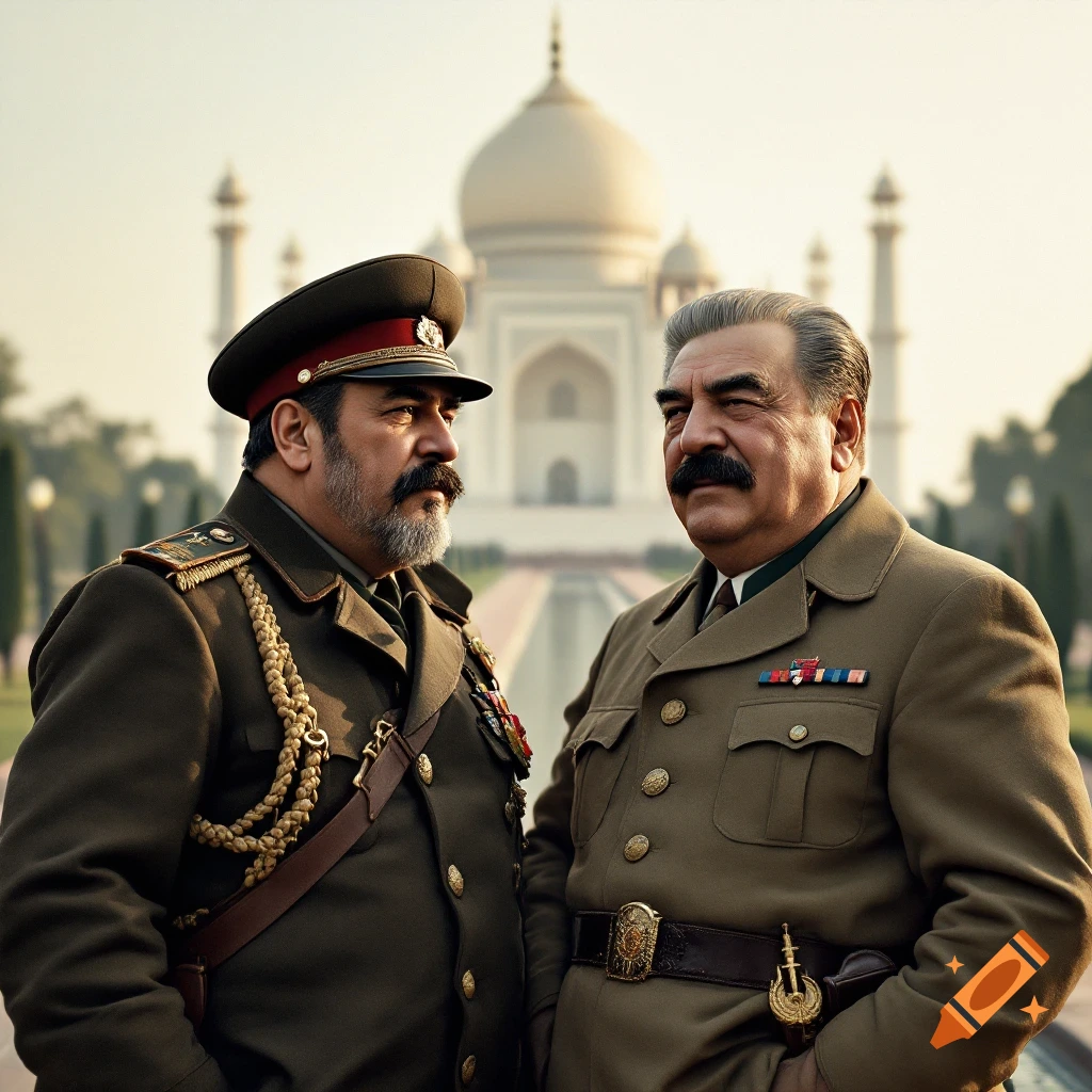 Two historical figures in military uniforms stand in front of the Taj Mahal.