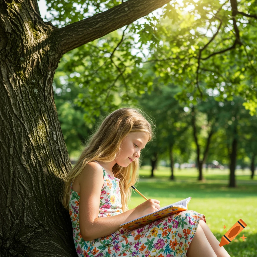 A young girl sits under a tree in a park, writing in a notebook.