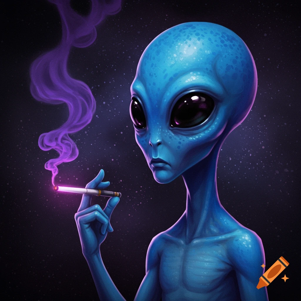 A blue alien with black eyes smokes a cigarette with purple smoke.