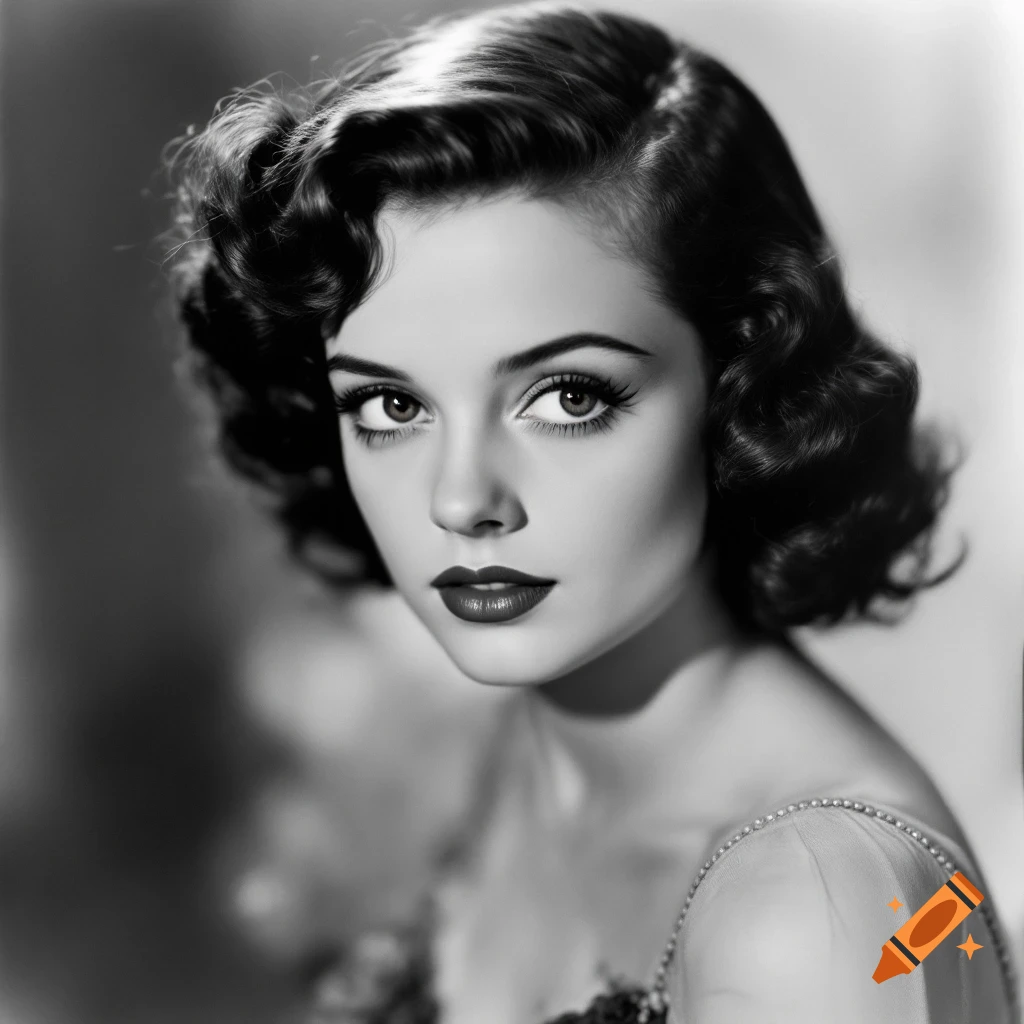 Black and white portrait of a woman with 1940s hair and makeup.