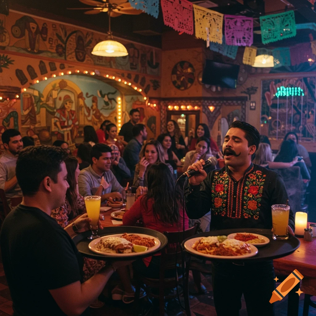 Singer performs karaoke in a lively Mexican restaurant with patrons dining.