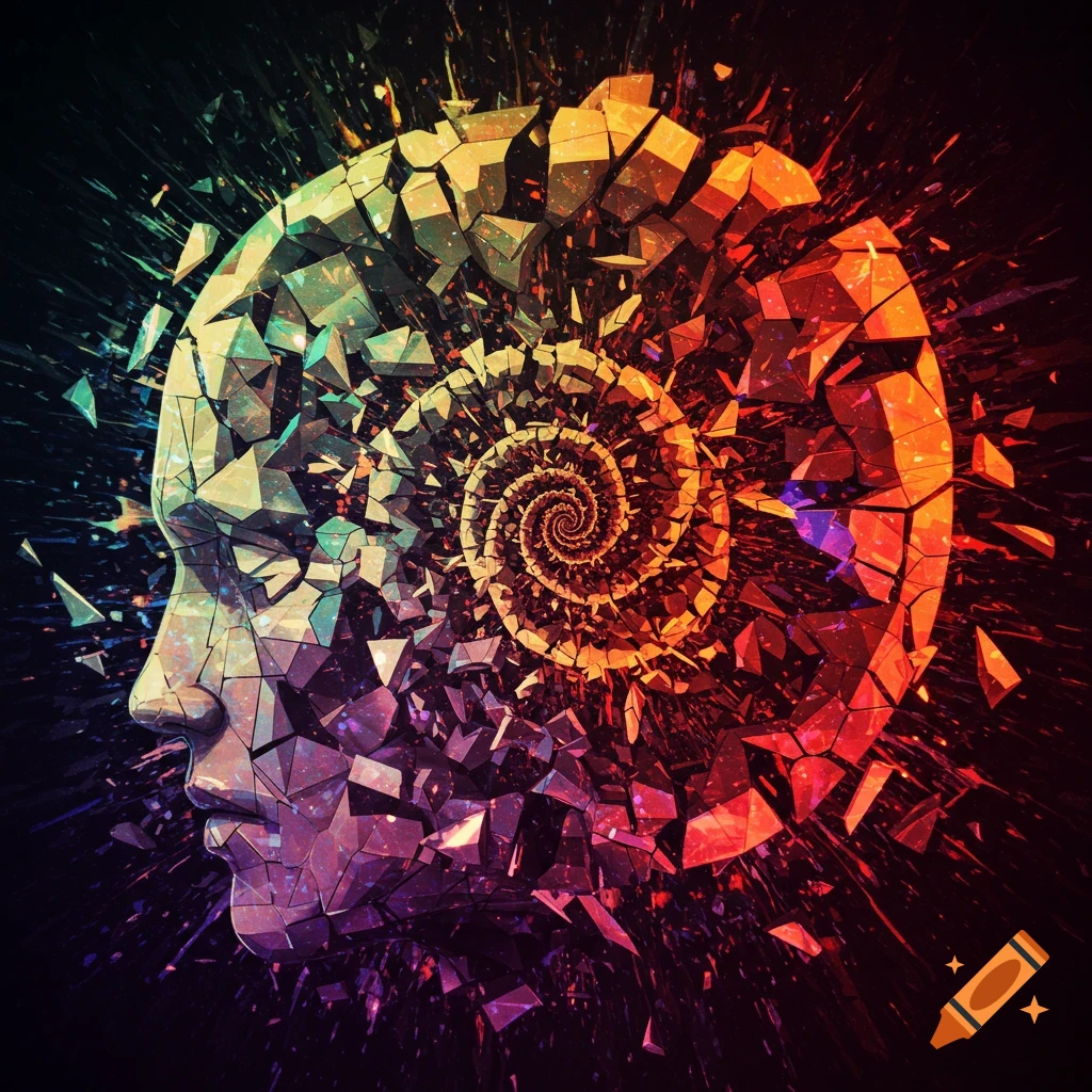 Profile view of a head shattering into colorful geometric pieces spiraling inward.