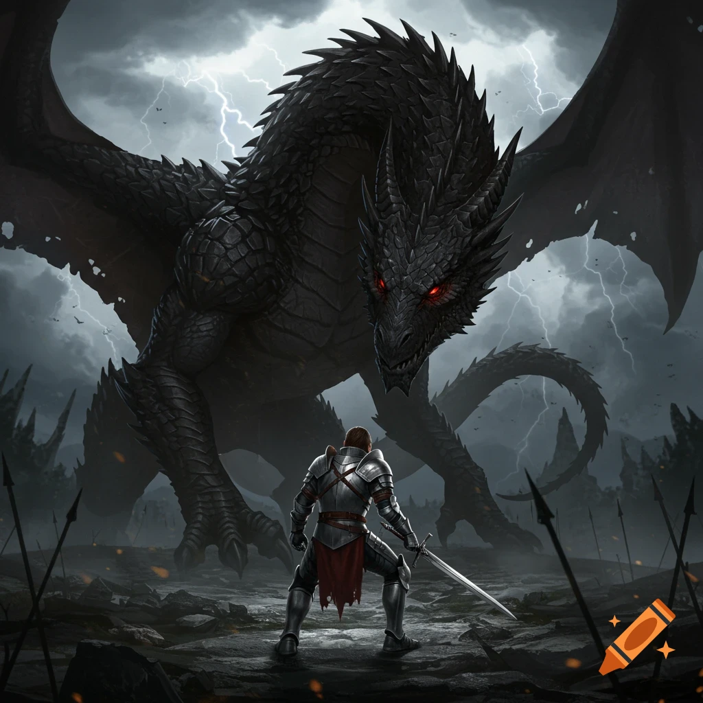 A knight faces a black dragon with red eyes under a stormy sky.