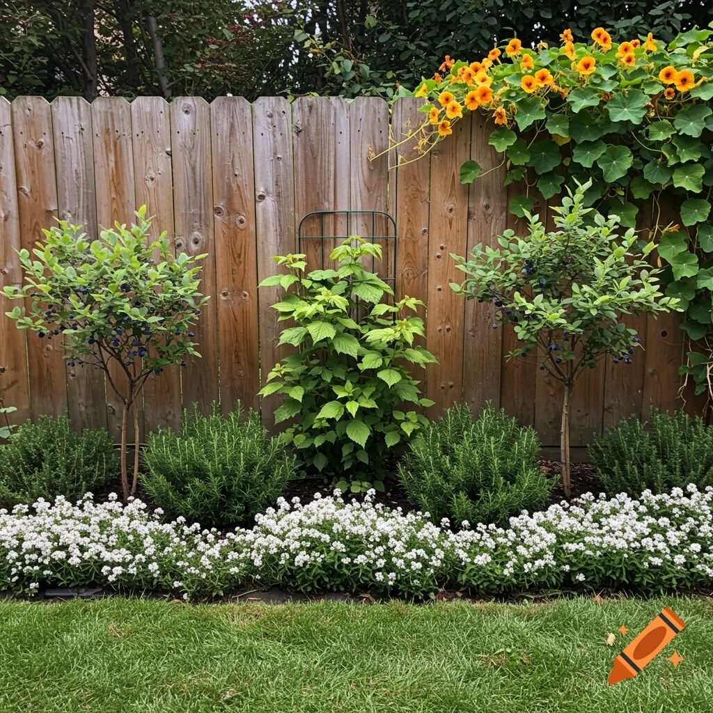 A garden bed along a wooden fence with bushes, white flowers, and orange nasturtium vines.