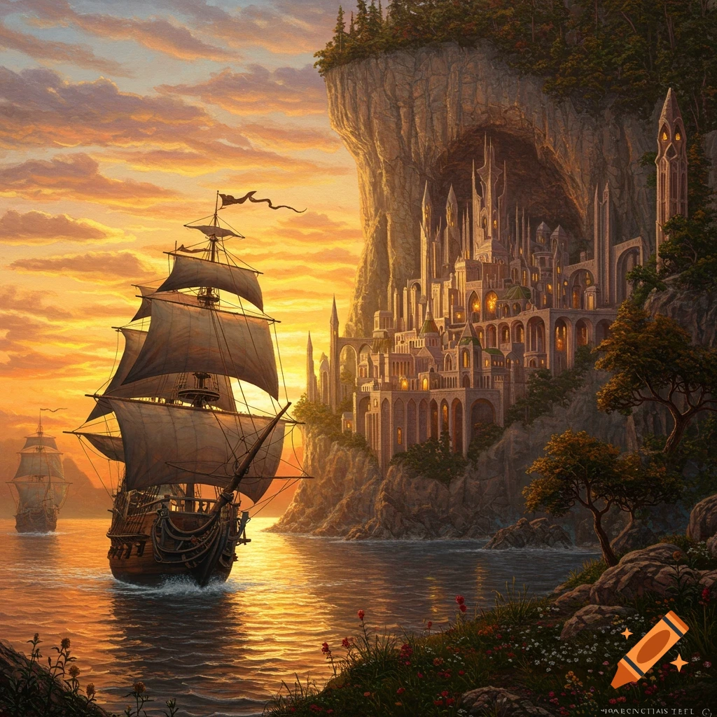A pirate ship sails past a detailed elven city built into a cliffside at twilight in a painting style.