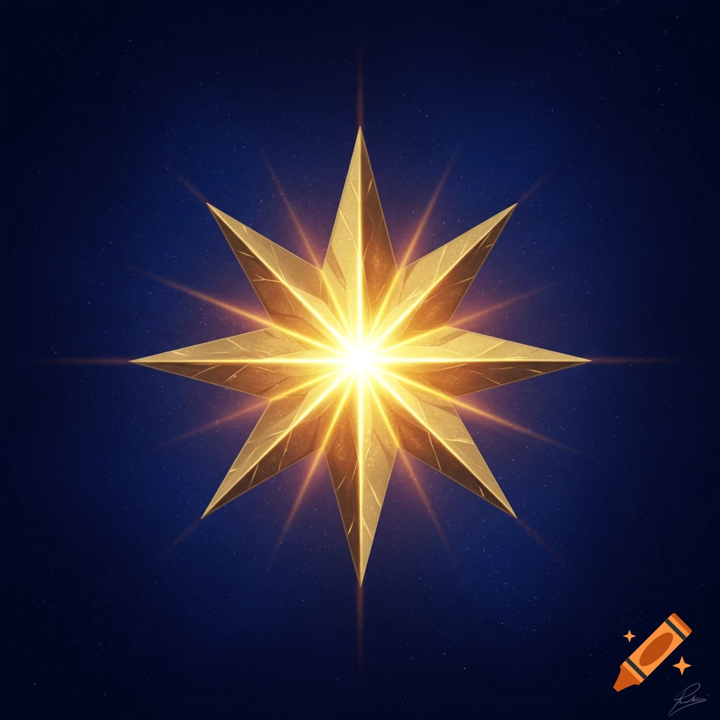 A golden eight-pointed star emblem with radiating light on a dark blue starry background.