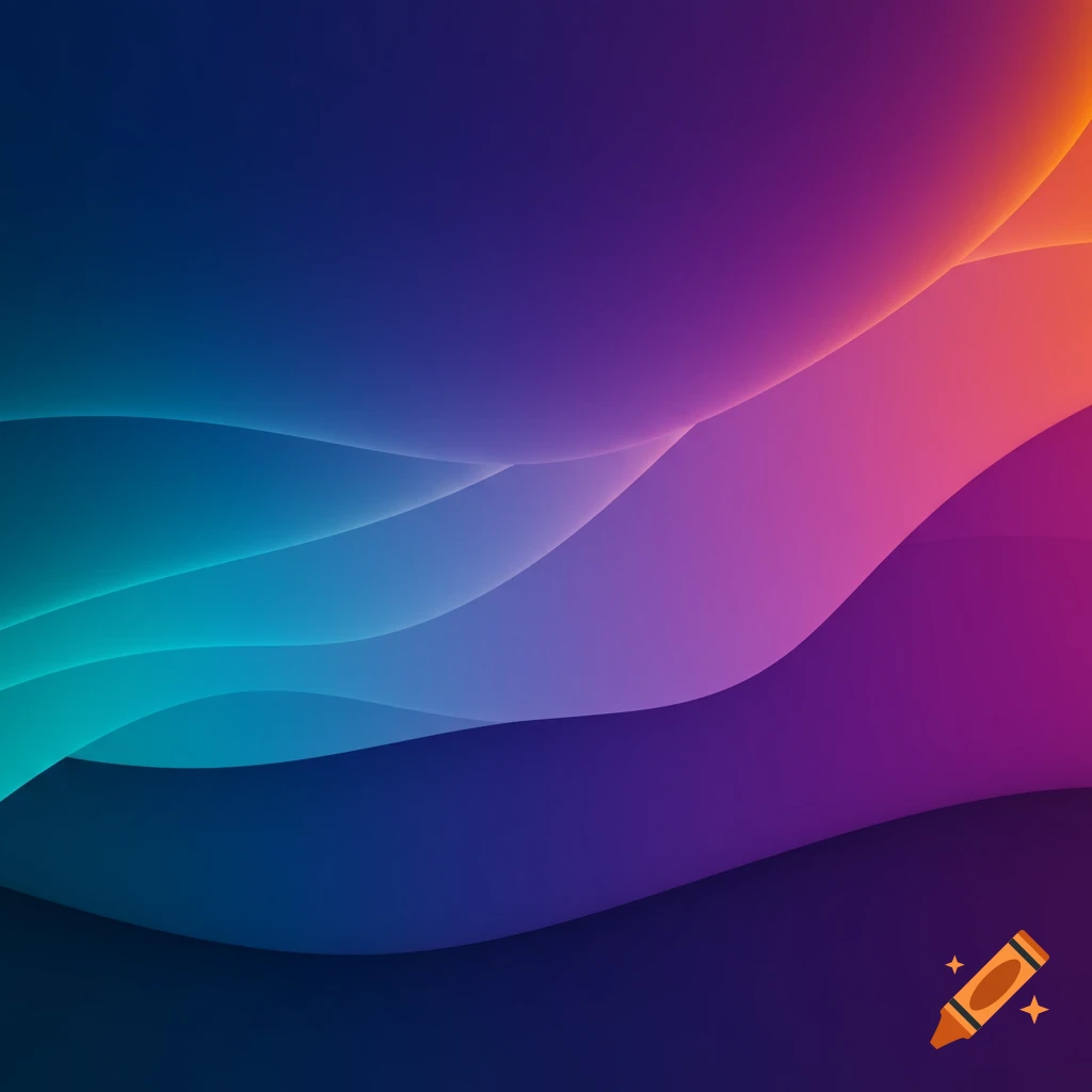 Abstract design with layered, flowing shapes in blue, teal, purple, pink, and orange gradients.