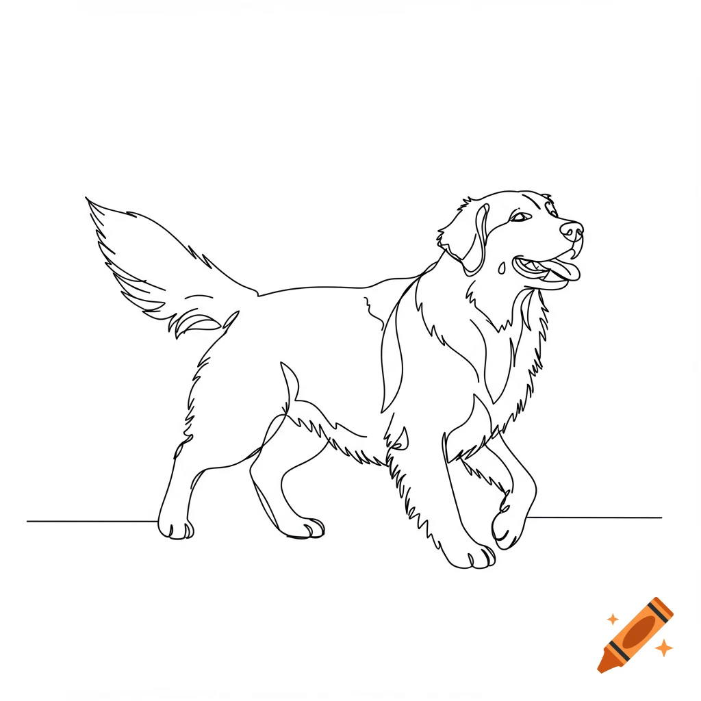 A line drawing of a dog walking with its tail wagging.