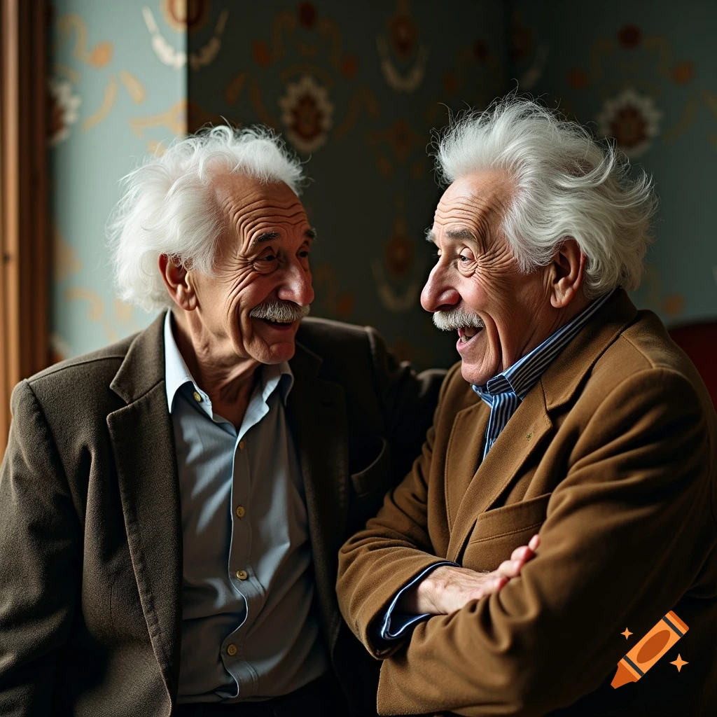 Two older men with white hair and mustaches, wearing jackets, talk and laugh in a room with patterned wallpaper. Photorealistic style.