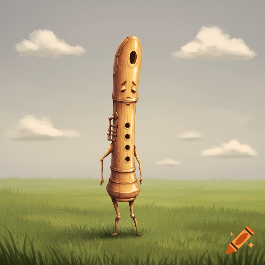 A sad, lonely flute character stands in a grassy field under a cloudy sky.