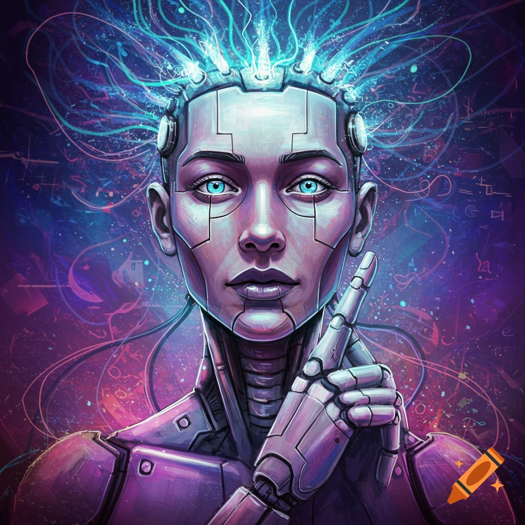 A robotic figure with glowing blue eyes and visible neural connections