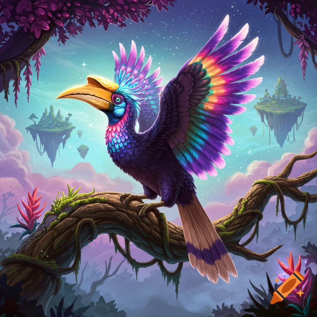A vibrantly colored magical bird on a branch in a fantasy landscape with floating islands.