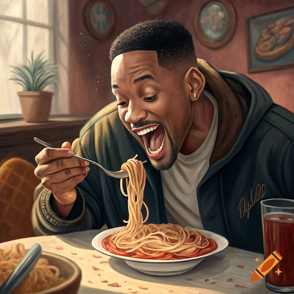 Will Smith opens his mouth wide to eat a large forkful of spaghetti.