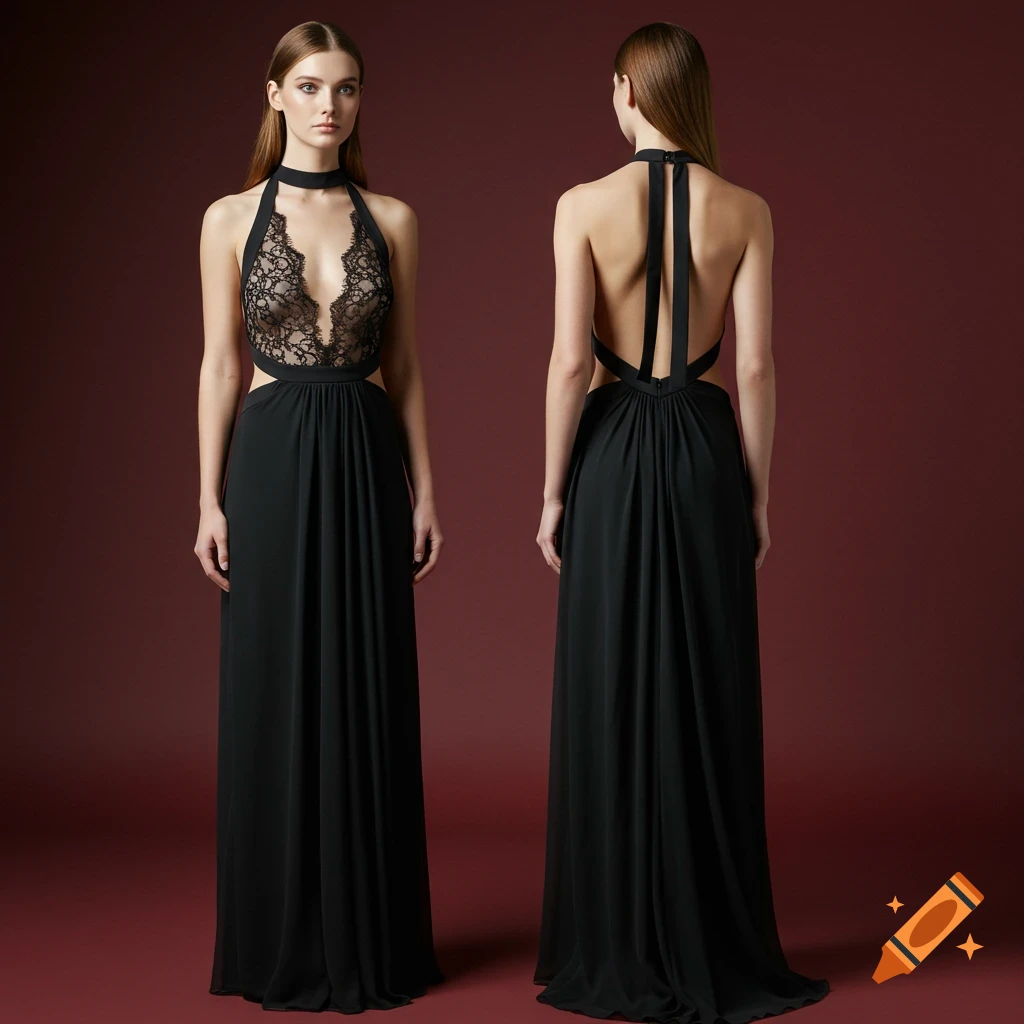 Woman modeling a black dress with lace bodice, cutout waist, and flowing skirt