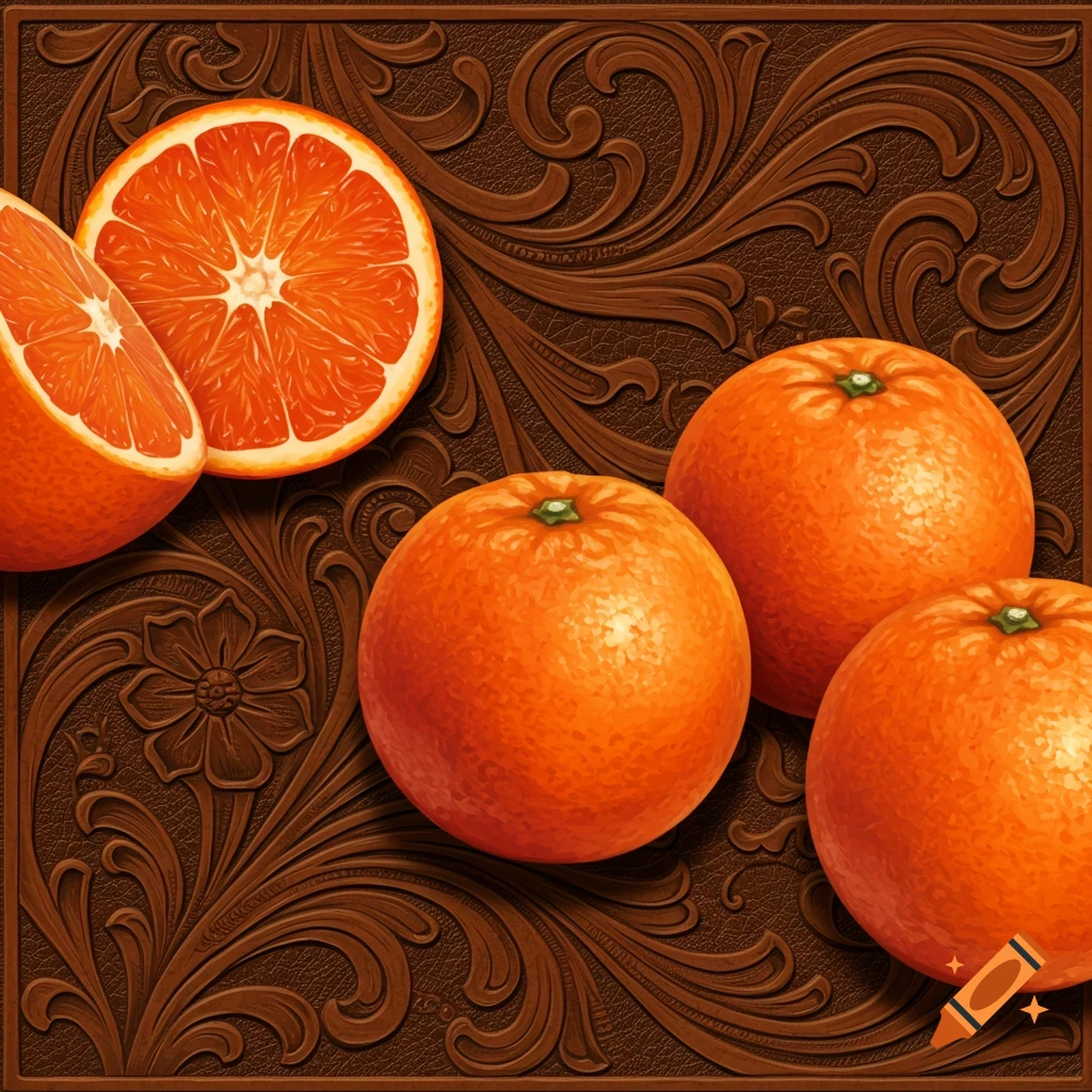 Ripe oranges on intricately tooled leather with a botanical pattern.