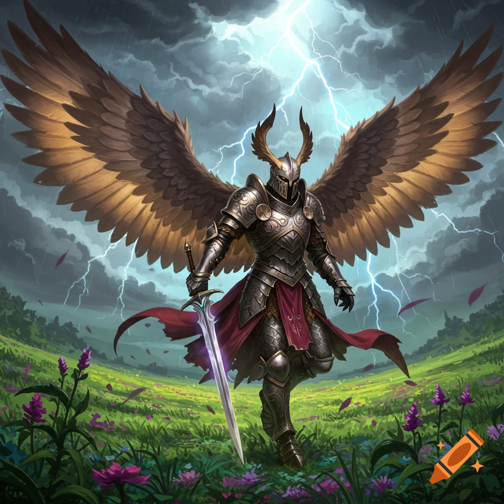 A winged knight in armor stands in a stormy field with lightning.