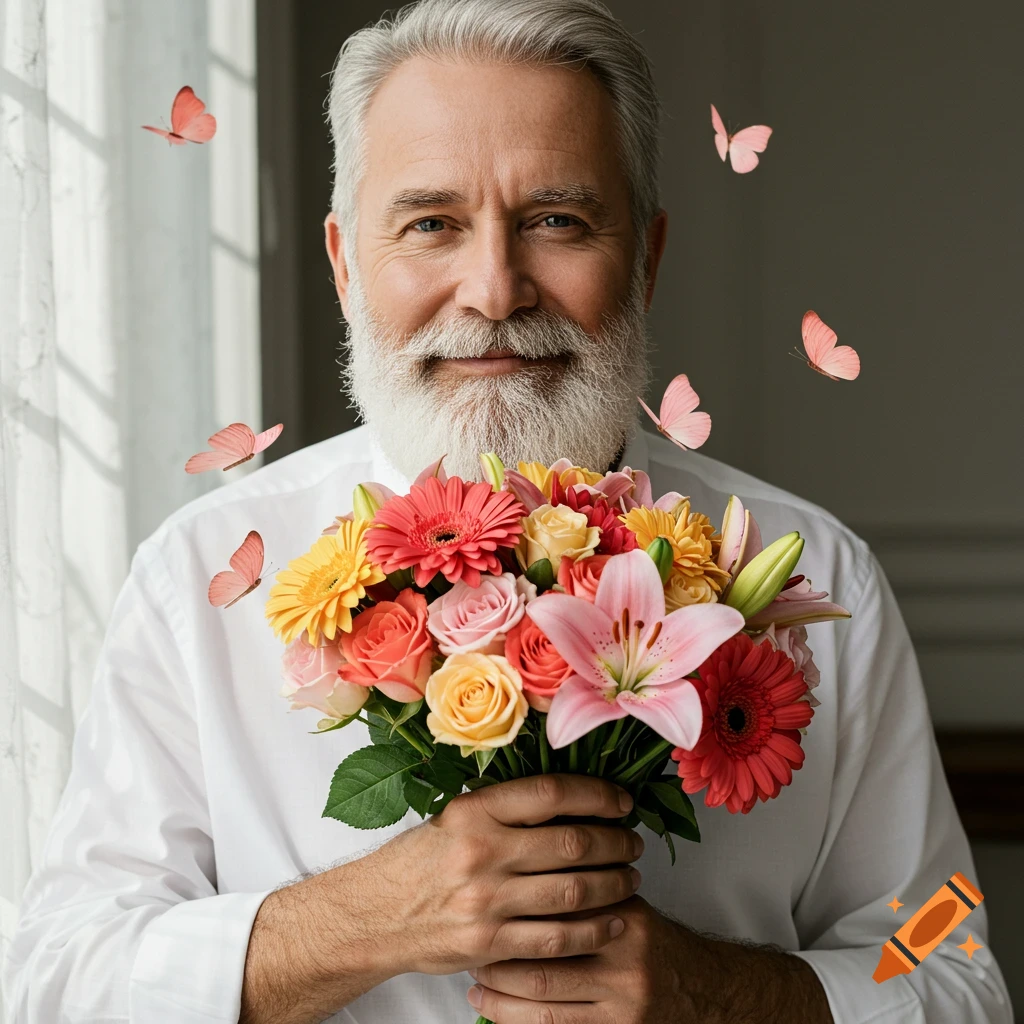 Smiling older man with beard holding a colorful flower bouquet, with butterflies around him.