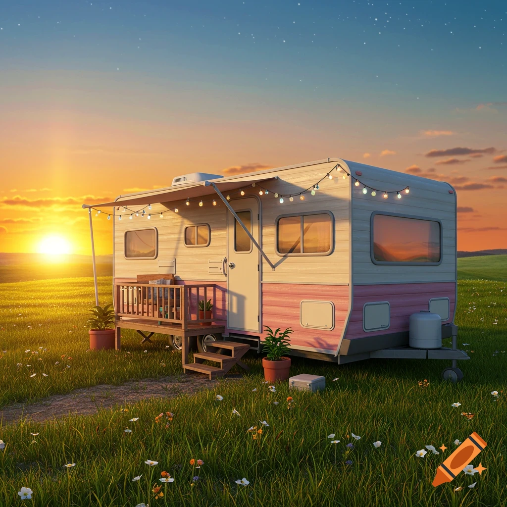 A camper van sits in a grassy field during a bright sunset.