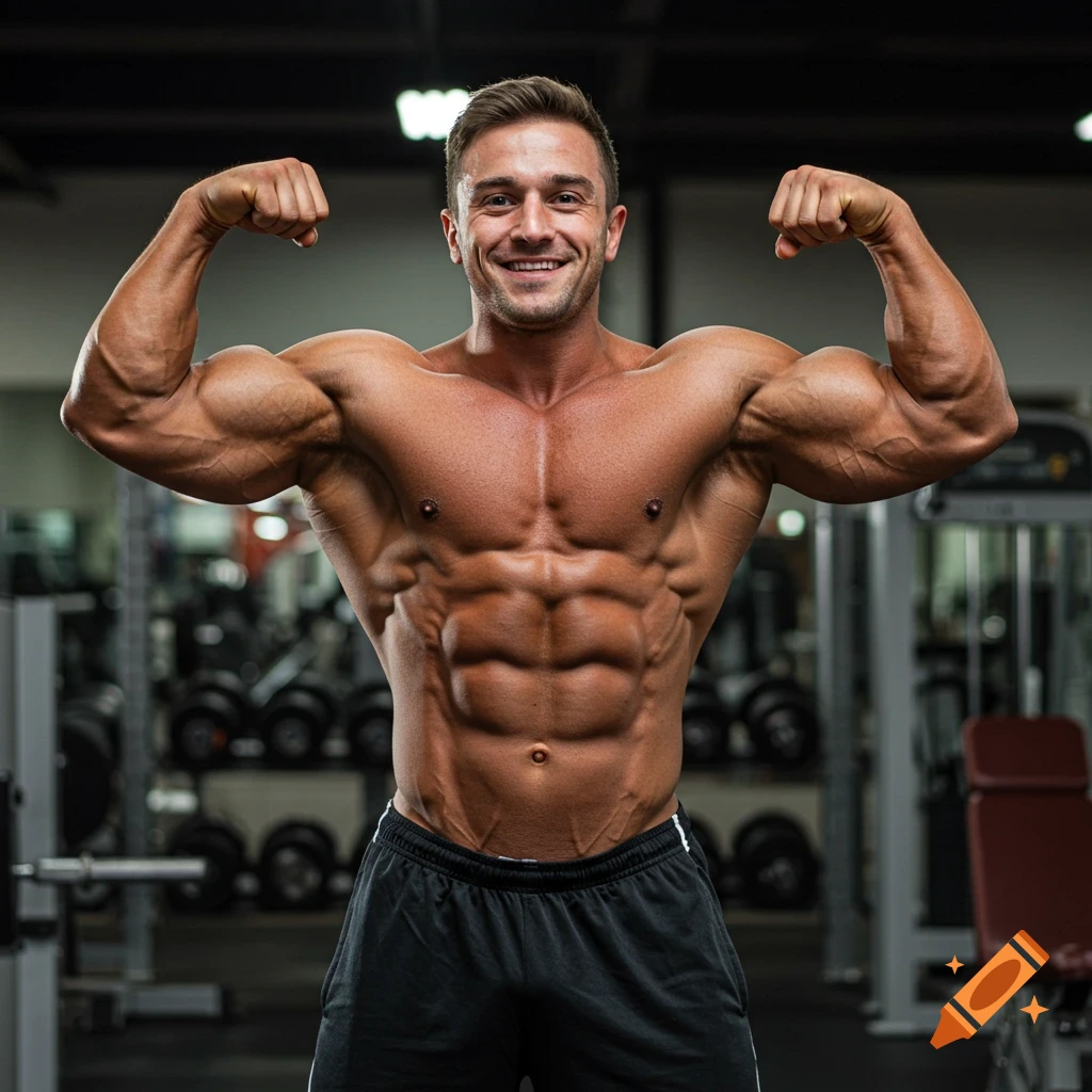 Male bodybuilder flexing muscles in a gym.