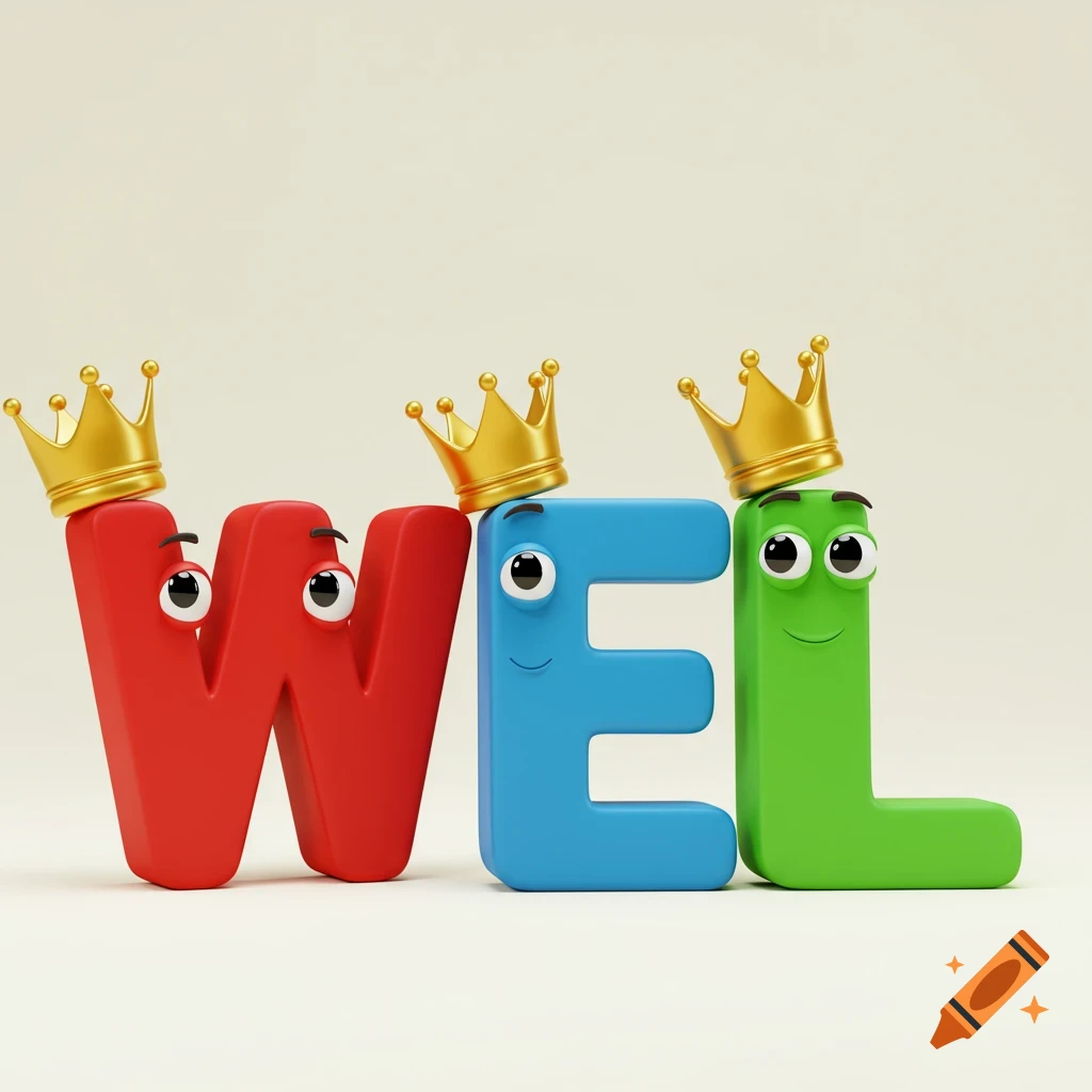 3D render of a red letter W, blue letter E, and green letter L, each with animated eyes and wearing a golden crown.