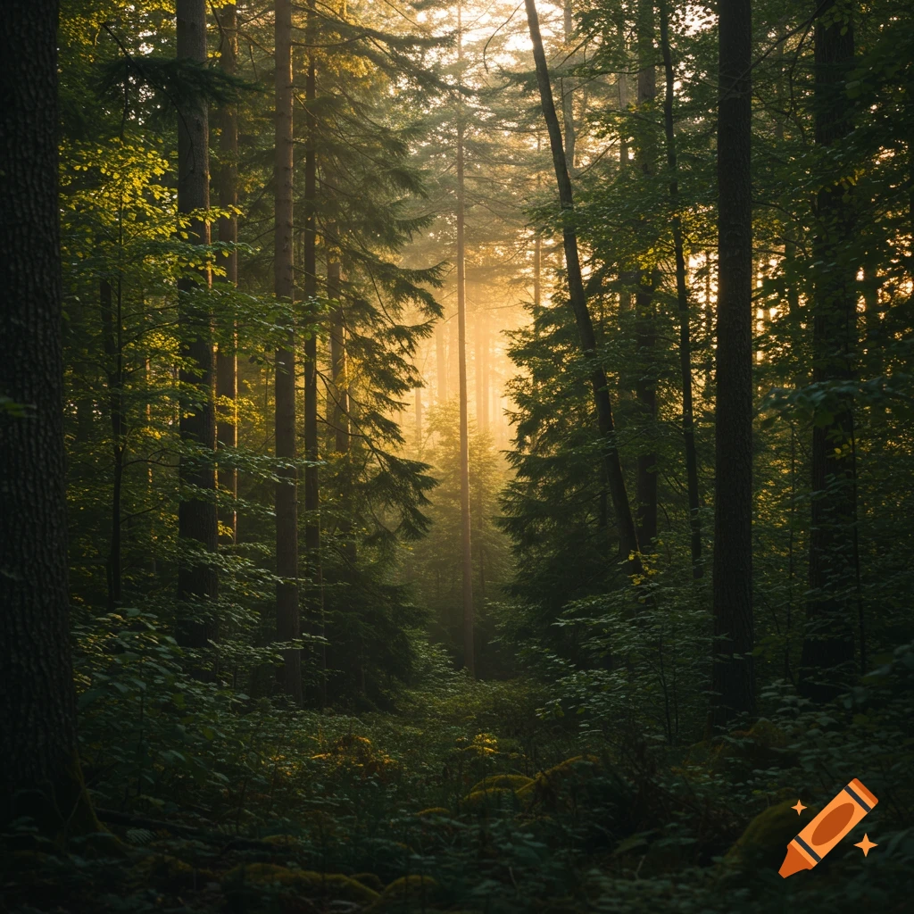 Sunlight beams through tall trees in a lush forest