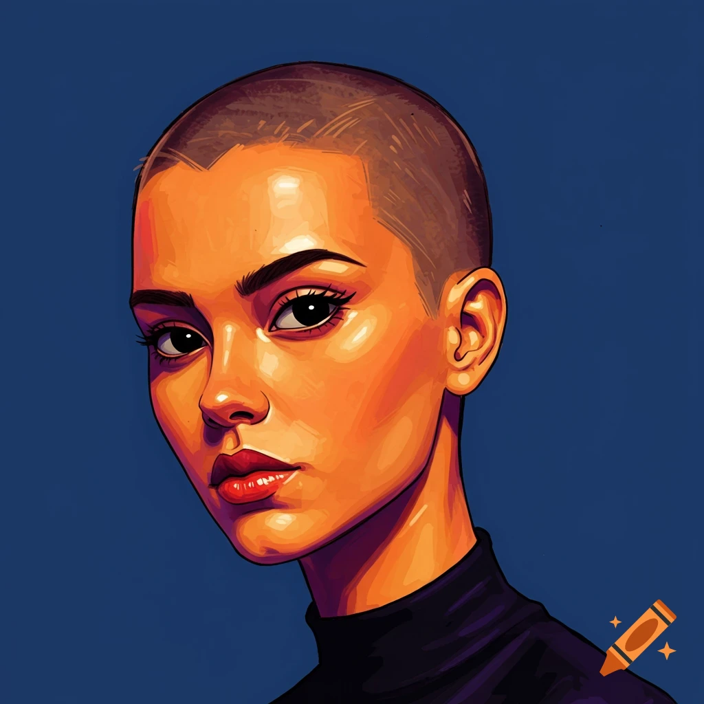 A buzzcut woman with black eyes against a blue background.