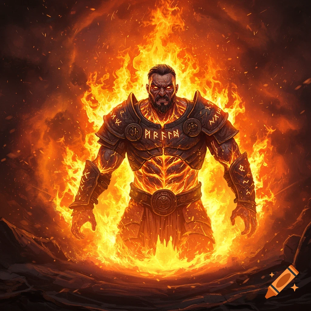 A warrior covered in fire and wearing armor with runes, emerging from flames.