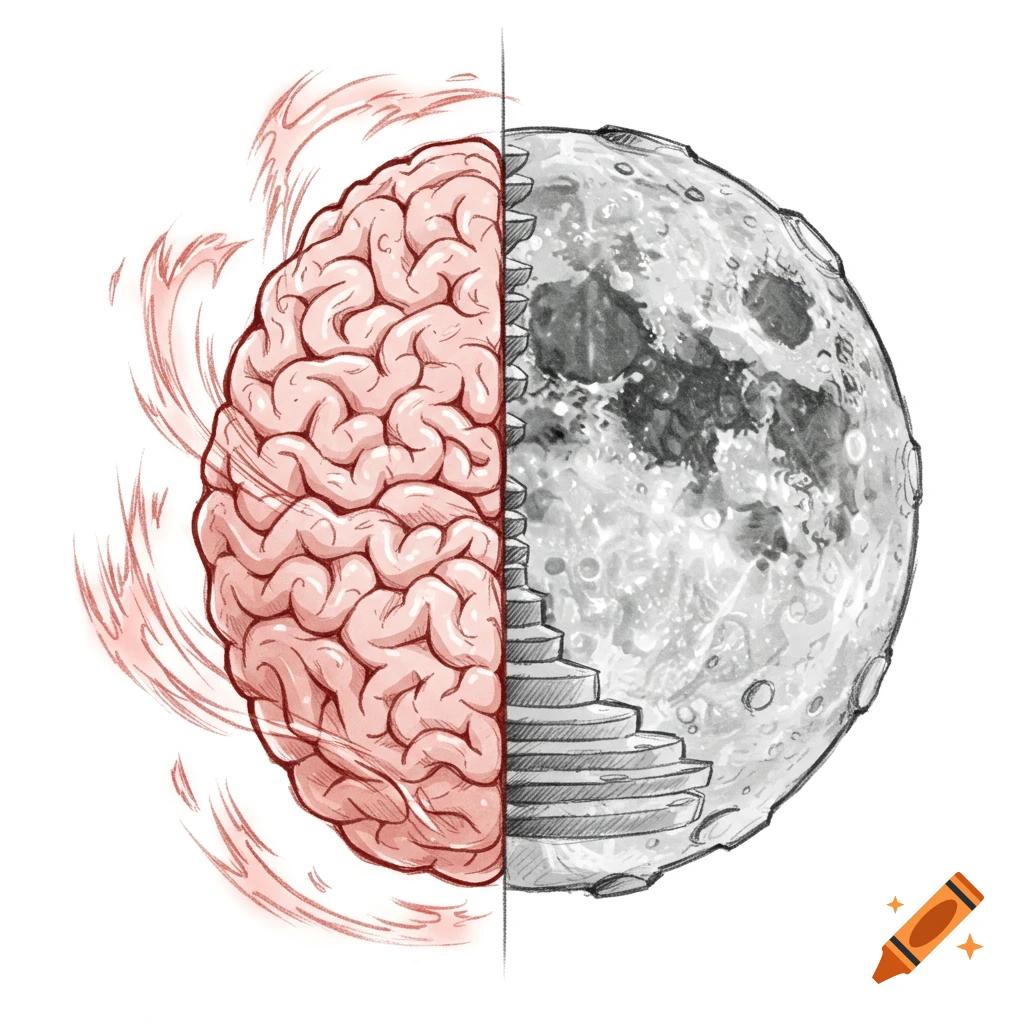 Sketch of half a brain with energy and half a moon with crater steps.