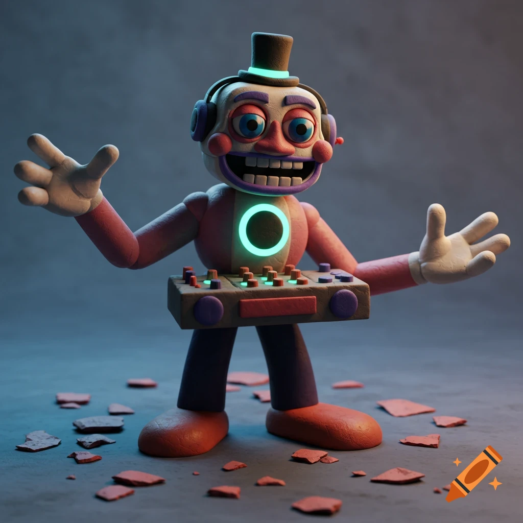 Claymation character resembling DJ Music Man from Fnaf with a top hat, headphones, and DJ mixer.