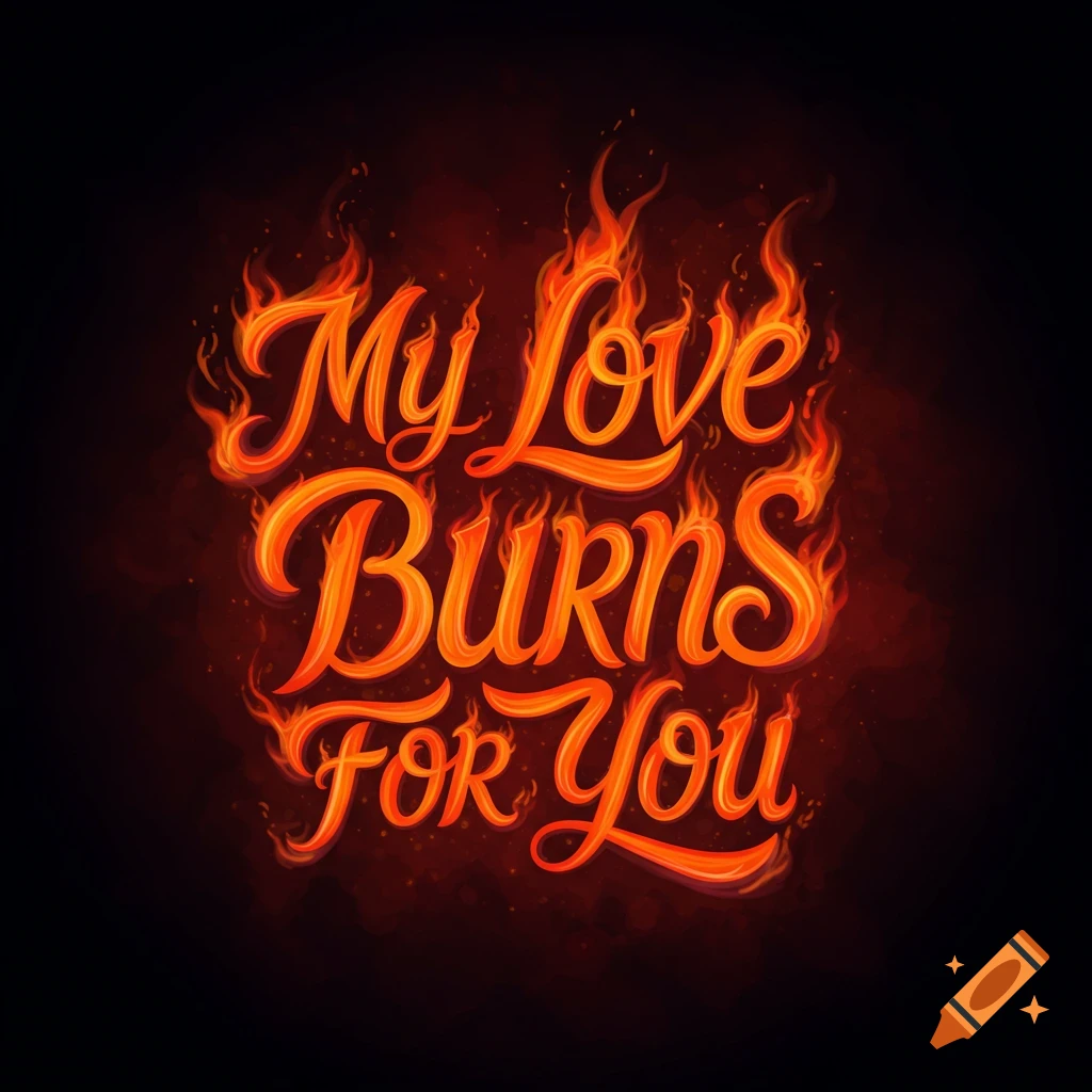 Fiery script text reading 'My Love Burns For You' against a dark background.