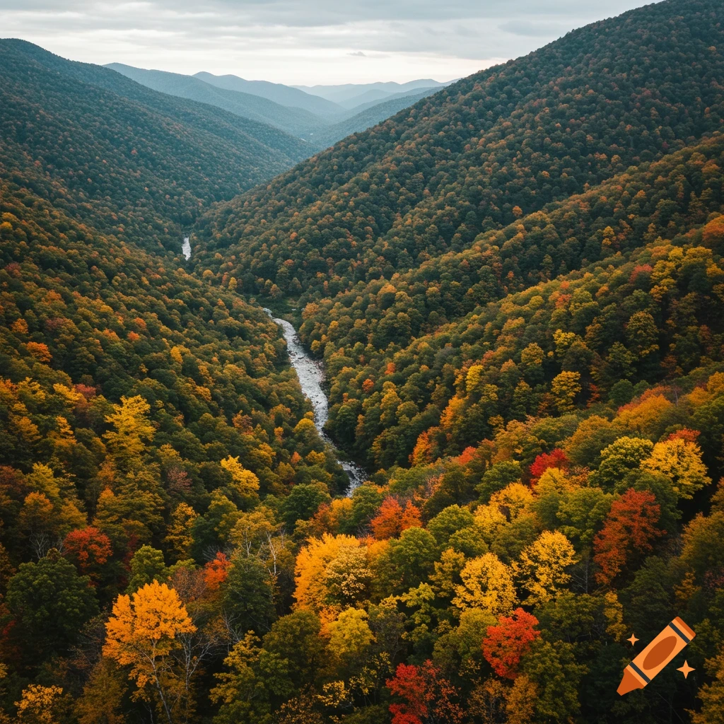 Aerial view of a river winding through a valley with hillsides covered in vibrant autumn trees.