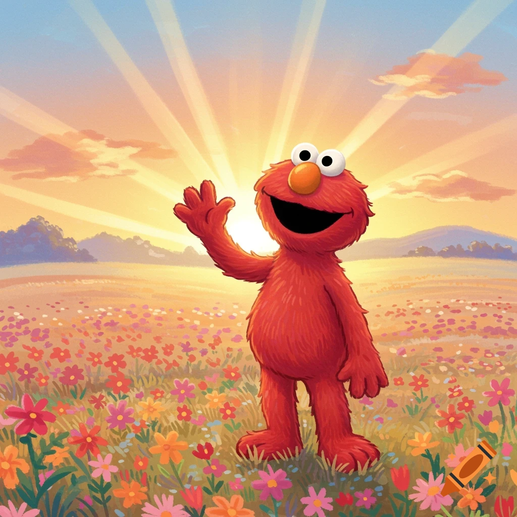 Elmo waves in a field of colorful flowers during a bright sunrise.