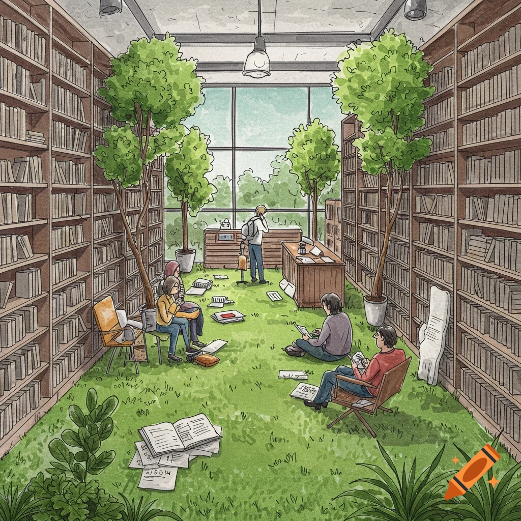 An illustration of a library with trees inside and grass on the floor where people are reading books.