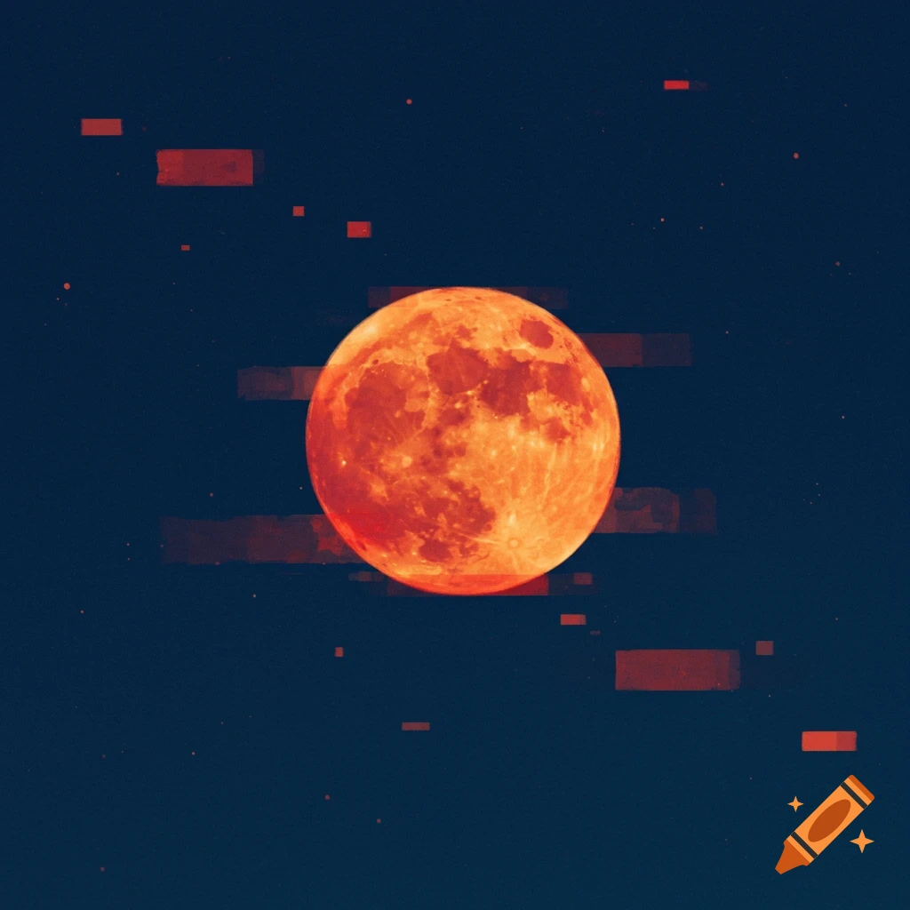 A reddish moon with abstract red shapes against a dark background.