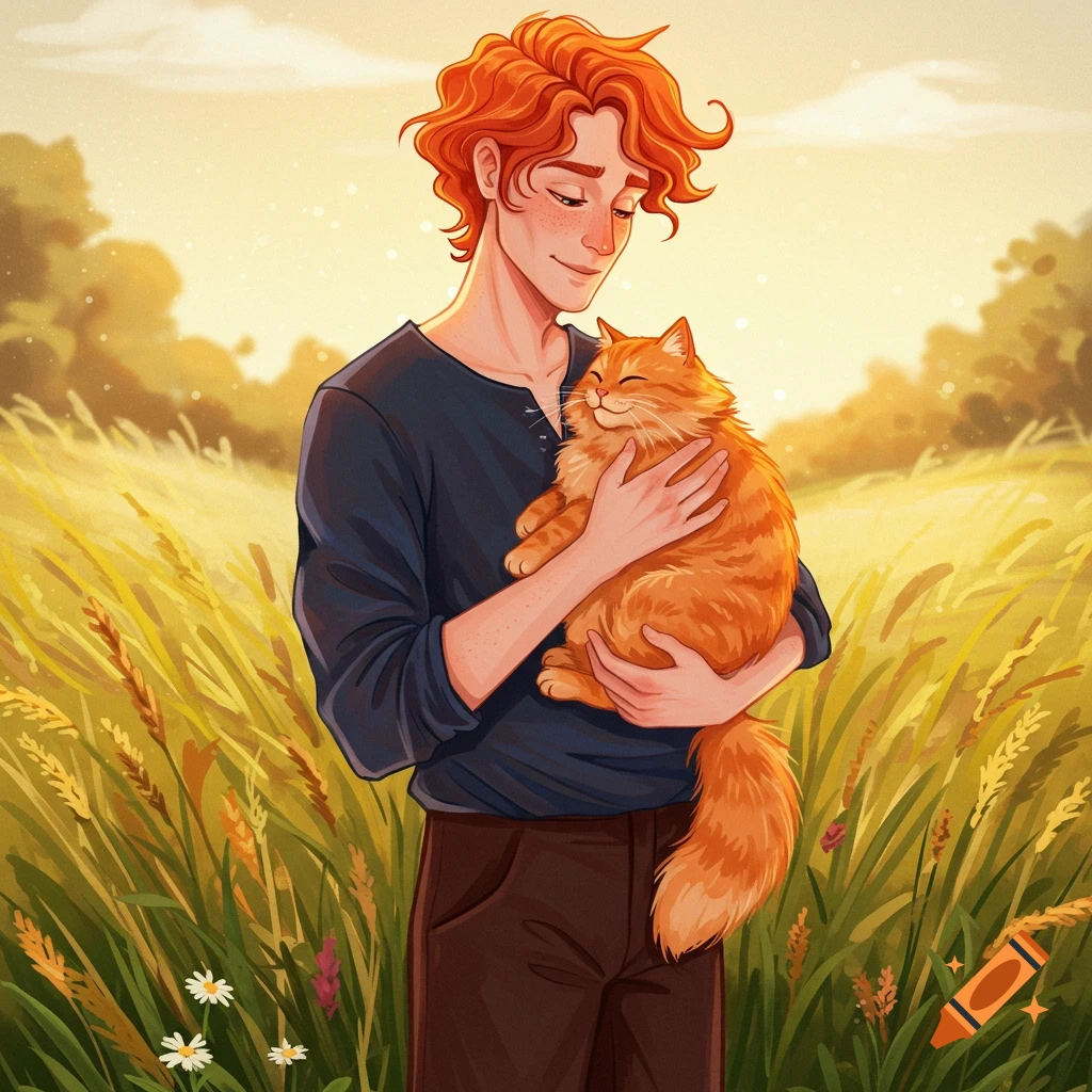A young man with red hair holding an orange cat in a sunny field.