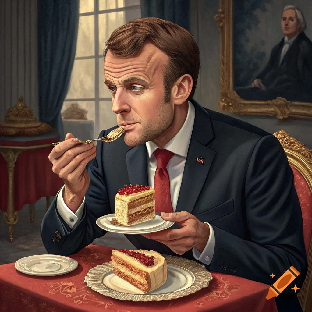 Painting of Emmanuel Macron eating cake in a formal room