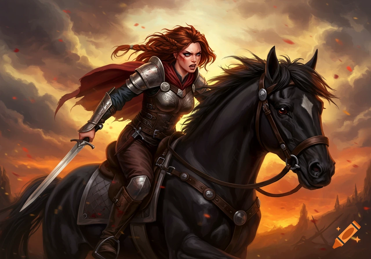 A female fantasy warrior on a black horse with a sword against a dramatic sky.