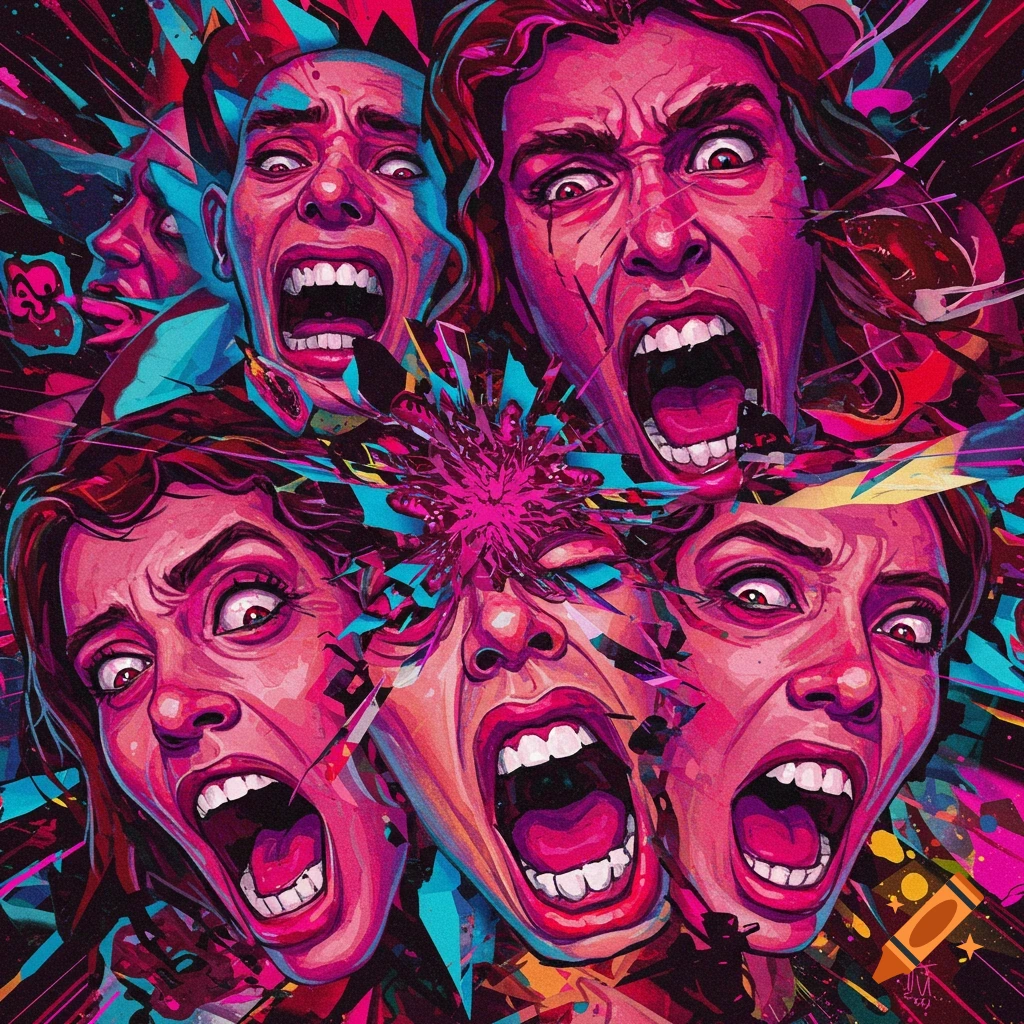 Chaotic depiction of multiple screaming faces