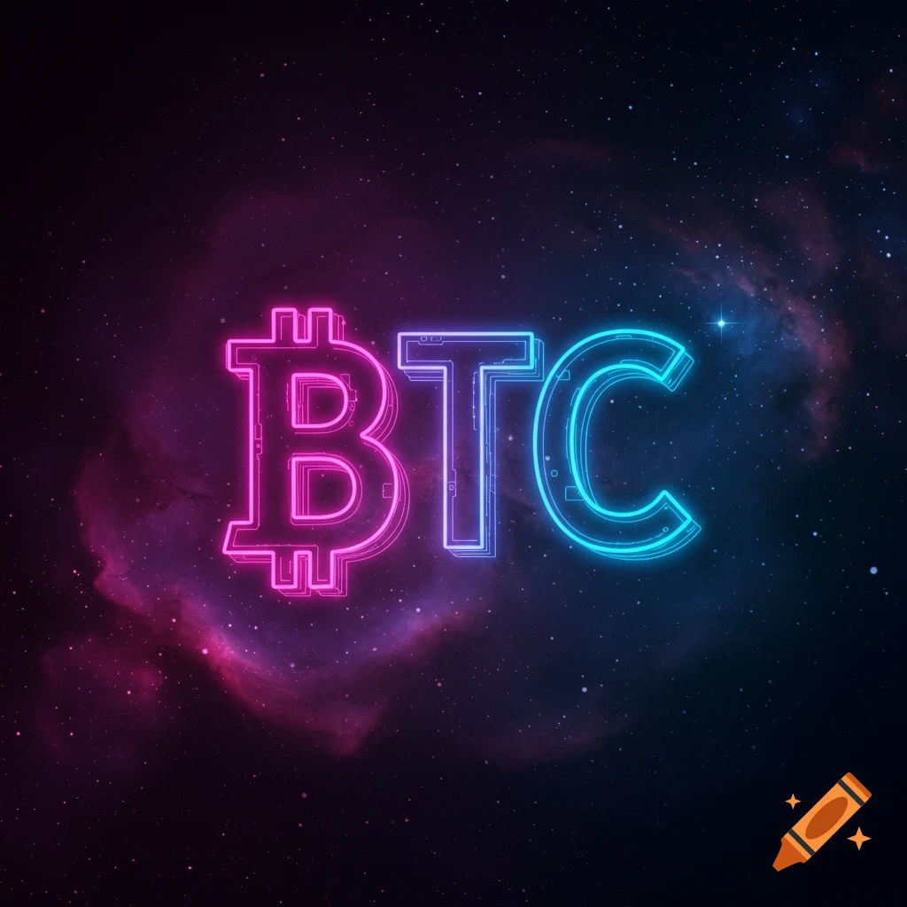 Neon BTC logo against a space background